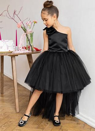 Под заказ! черное платье из фатина на одно плечо для девушек 2-12т