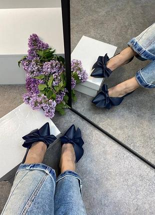 Темно синие кожаные туфли лодочки с большим бантиком цвет на выбор