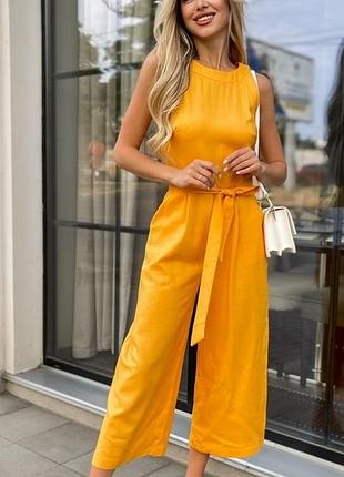 Комбинезон женский брючный льняной летний с брюками - капри, горчичный