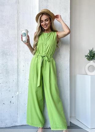 Комбинезон женский брючный льняной летний, с поясом, салатовый