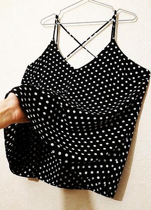 Летняя блуза майка женская шелк черная в белые горохи на бретельках peacock повседневная/нарядная