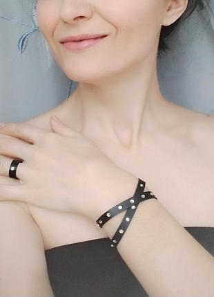 Кожаный комплект со стразами (браслет и чокер) | tshilly|