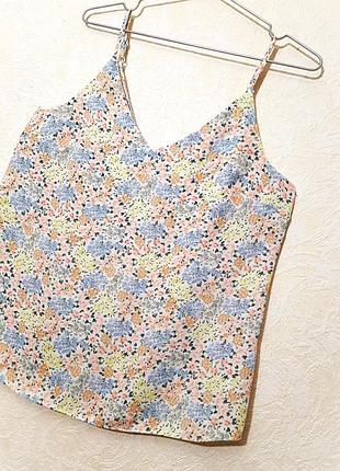 Блуза-майка на бретельках женская цветочная нежная летняя белая/желтая/голубая/розовая шелк легкая бренд primark