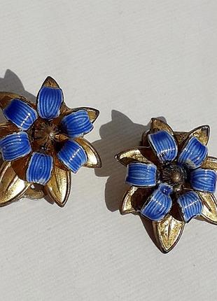 Голубые винтажные клипсы, эмаль.