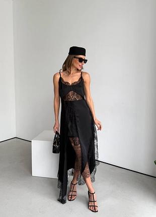 Жіноча сукня сарафан міді королівський атлас з мереживом плаття на бретельках