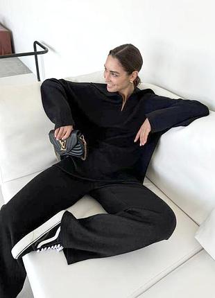 Zara s теплые начес трикотажные широкие брюки черные женские резинка шнурок2 фото