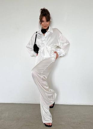 Розкішний  жіночий костюм двійка сорочка і брюки шовк білий чорний червоний s-l