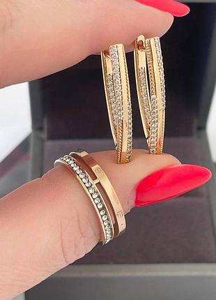 Набор медсплав медзолото, фианиты камушки серьги стрелы уголки и кольцо обручка картье картье