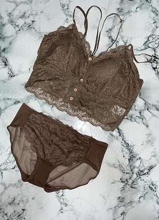 Шикарний ❣️ комплект білизни 🍫 з мереживом — трусики + топчик без кісточок 💕 новий, розмір 44/46 ✅