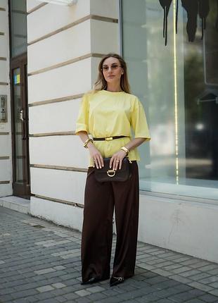 Шоколадные коричневые сатиновые брюки брюки в леопардовый принт свободного кроя на кулиске