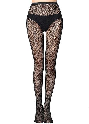 Черные колготки с узором 86014 ромбы волны под платье для девочки капронки с принтом