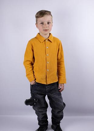 Рубашка классическая рубашка праздничная детская муслиновая для мальчика с длинным рукавом горчица skmx-2
