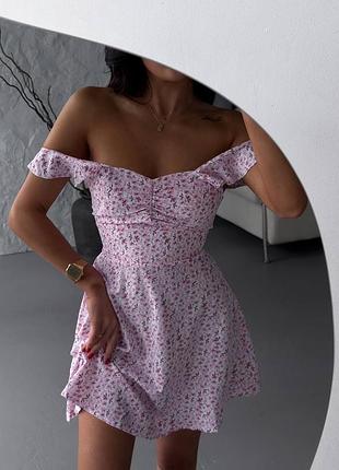 Сарафан мини открытые плечи цветочный принт рисунок цветы платьевая шнуровка на спинке приталенная
