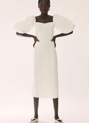 Трендовое платье миди белое рукава пышные балоны бафы h&m