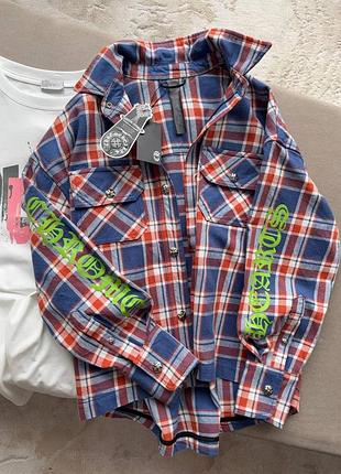 Сорочка в клітку синя з червоним оверсайз хром хард