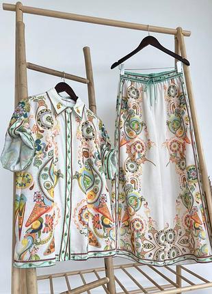 Костюм оверсайз рубашка с короткими рукавами брюки широкие палаццо с узорами