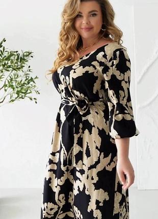 Платье женское длинное штапельное батал плюс сайз, с поясом, черное