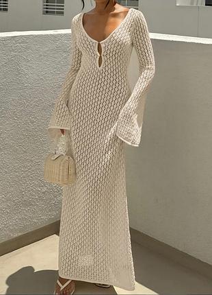 Длинное пляжное платье, туника макси с рукавами, вязаное, кружево