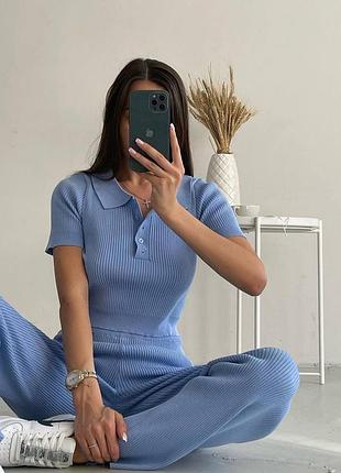 Костюм женский топ футболка поло и брюки на высокой посадке в рубчик мустанг голубой розовый