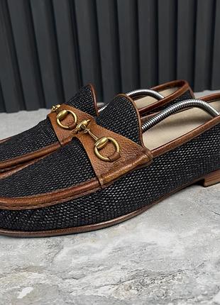 Gucci 1953 horsebit loafers black raffia brown leather чоловічі туфлі лофери оригінал 45.5 eur