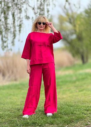 Женский летний красивый костюм лен, размеры 42-56, малиновый
