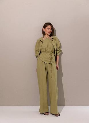 Костюм льон 3ка топ сорочка брюки оливка беж чорний білий