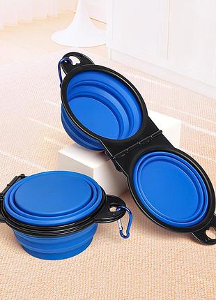 Двойная раскладная миска для прогулок домашних животных синяя