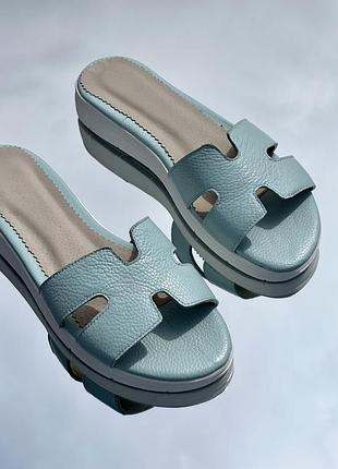 Жіночі шкіряні шльопанці бірюзові блакитні натуральна шкіра в наявності 42р 43р
