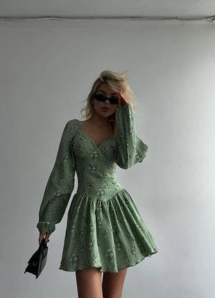 Муслінова сукня міні з корсетом плаття хакі блакитна біла з квітковим принтом з об'ємними рукавами