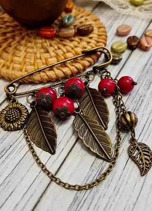 🔺🍂🏵️ оригинальная брошь с подвесками натуральный коралл