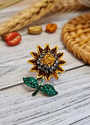 🔺🌻🌞 миниатюрная брошь "подсолнух" эмаль кристаллы цветок подсолнечник брошка пин значок