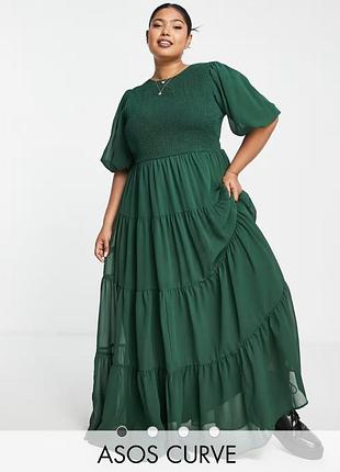 Платье макси с ярусами и сборками asos design curve в цвете лесной зелени