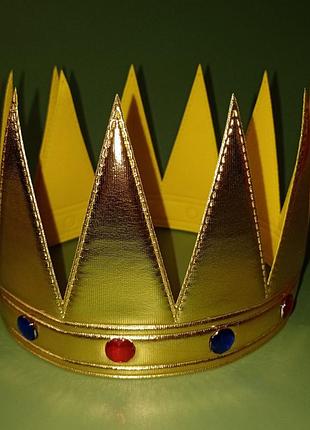 Маскарадная текстильная золотистая корона с самоцветами для костюма царя, короля, императора+подарок