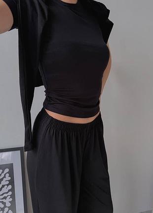 Костюм тройка вискоза футболка + лонг + штаны палаццо черный