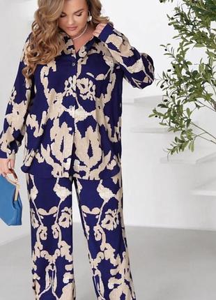 Костюм - двойка женский брючный штапельный, рубашка, брюки, батал, плюс сайз, темно - синий