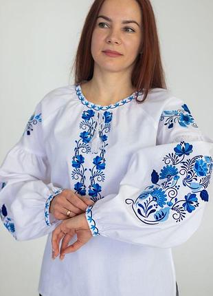 Вишита сорочка вишита блузка жіноча вишиванка сорочка з блакитною вишивкою сині квіти вишиті 219