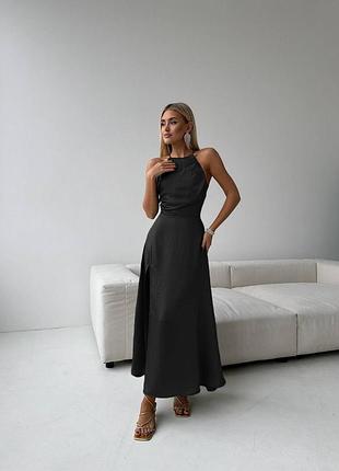 Жіноча сукня міді літня з відкритою спиною та розрізами на нозі, жатий шовк, чорний і білий3 фото