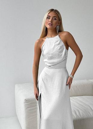 Жіноча сукня міді літня з відкритою спиною та розрізами на нозі, жатий шовк, чорний і білий5 фото