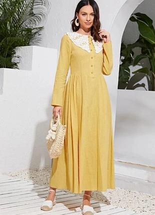 Яркое макси-платье из хлопка с кружевным воротником shein