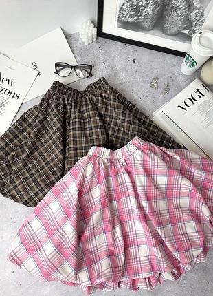 Міні спідниця балон в клітинку принт сонце висока посадка гумка на резинці