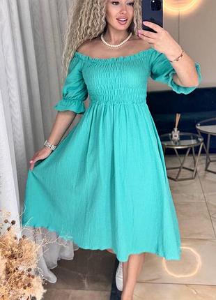 Платье женское муслин на резинке со спущенным рукавом ниже колена свободный крой бирюзовый