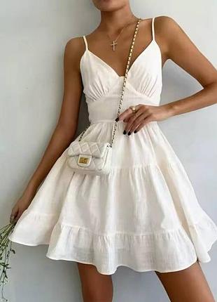 Белое платье на бретельках, коттон жатка est-5851