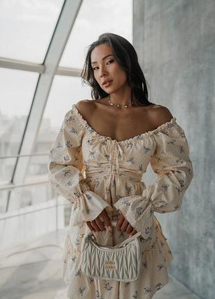 Luxe мини платье цветочный принт цветы открытые плечи длинный рукав шнуровка по спинке манжеты нежная