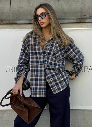 Жіноча картата сорочка в клітинку фланель синій коричневий