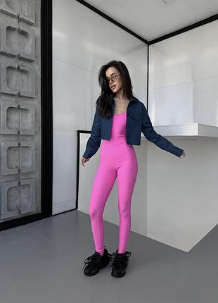 Костюм женский двойка джинс куртка + комбез бифлекс неон малина
