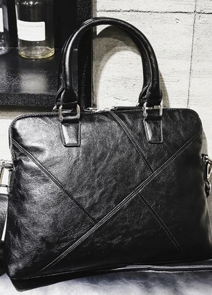 Мужская кожаная черная офисная деловая сумка для документов мужской чоловічий портфель