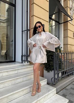 Сукня міні бежева легка та ніжна з поясом на зав'язці літня повсякденна
