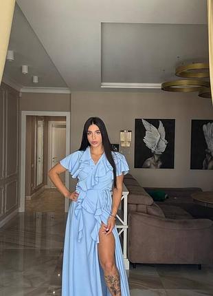 Максі сукня сарафан в підлогу в стилі бохо волани рюші приталена виріз по ніжці на запах пояс