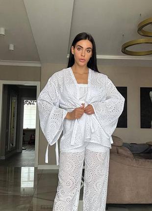 Брючный летний костюм цветочный принт орнамент кимоно палаццо пояс на запах прошва топ широкие рукава