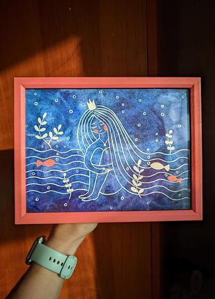 Картина ілюстрація акварель акрил дівчина 21.5 на 17 см синя русалка море в рамці